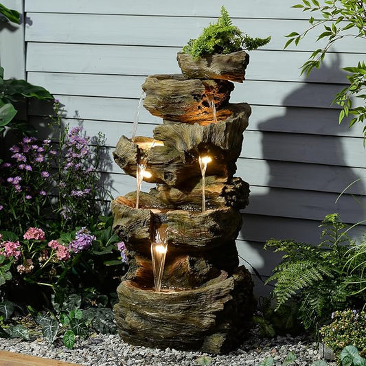 40.5" H Outdoor Water Fountain 5 Tiers Large Cascading Wooden Imitative Wood Natural Waterfall Outdoor Fountain Resin Imitation Wood with LED Lights for Garden, Patio, Porch