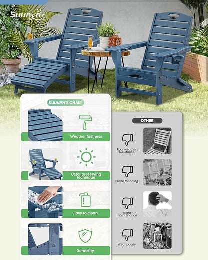 Folding Adirondack Chairs Set of 6,Adirondack Chair with Retractable Ottoman,Plastic Adirondack Chairs with 2 Cup Holder,Weather Resistant Patio Chair,Outdoor Chairs Set of 6(Navy Blue)
