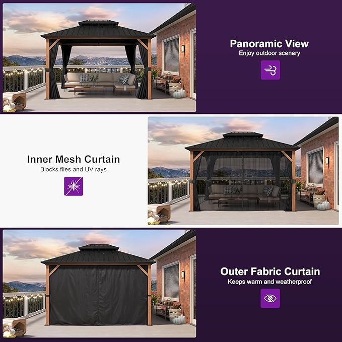 PURPLE LEAF 10' X 12' Hardtop Gazebo Outdoor Wood Grain Aluminum Frame Galvanized Steel Double Roof Gazebos with Netting and Curtains for Patio Deck Backyard Garden