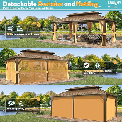EROMMY 12'x20' Gazebo Hardtop, Galvanized Steel Double Roof Metal Gazebo with Aluminum Frame, Permanent Outdoor Pavilion with Curtain and Netting for Patio, Lawn and Garden, Brown
