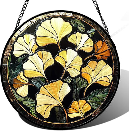 Stained Glass Window Hanging - Ginkgo Leaf Suncatcher for Doors Garden Patio Retro Fall Decor Sun Catchers Christmas Mother's Day Birthday Gifts for Women Men Mom Nana Friend 7.8 in