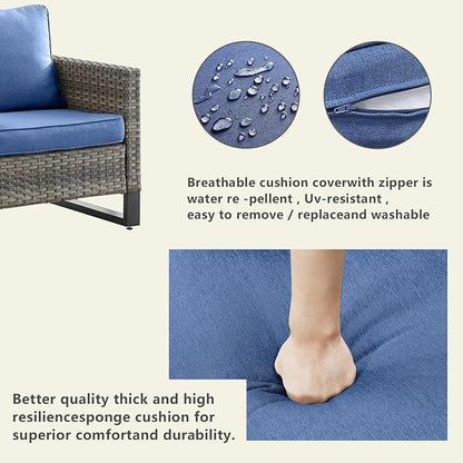 Rilyson Wicker Outdoor Patio Furniture Set - 6 Piece Patio Conversation Set with 2 Armrest Chairs,2 Rattan Ottoman,1 Couch and 1 Metal Side Table for Outside Porch Deck Backyard(Mixed Grey/Blue)