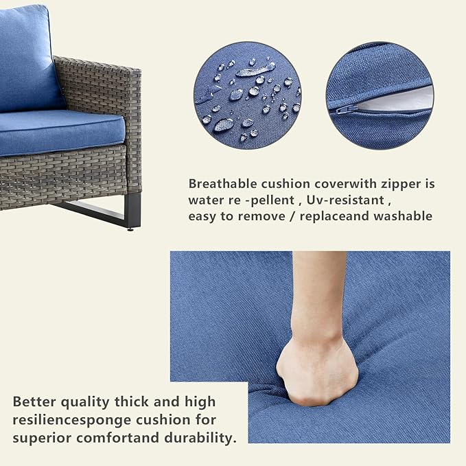 Wicker Outdoor Patio Furniture Set - 6 Piece Patio Conversation Set with 2 Swivel Rocker Chairs,2 Rattan Ottoman,1 Couch and 1 Metal Coffee Table for Outside Porch Deck Backyard(Mixed Grey/Blue)
