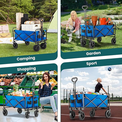 OLIXIS Wagon Cart, Heavy Duty 400 LBS Foldable Collapsible Large Wagons Carts with Wheels Smooth Maneuverability for All-Terrain, Suitable for Gardening, Camping, Beach - Blue