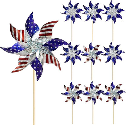 HOOSUN 10 Pcs Patriotic Pinwheels for Yard and Garden,Patriotic Decorations American Flag Pinwheels to Scare Birds Away,Red White and Blue Decorations Reflective Wind Spinners,Veterans Day Decorations
