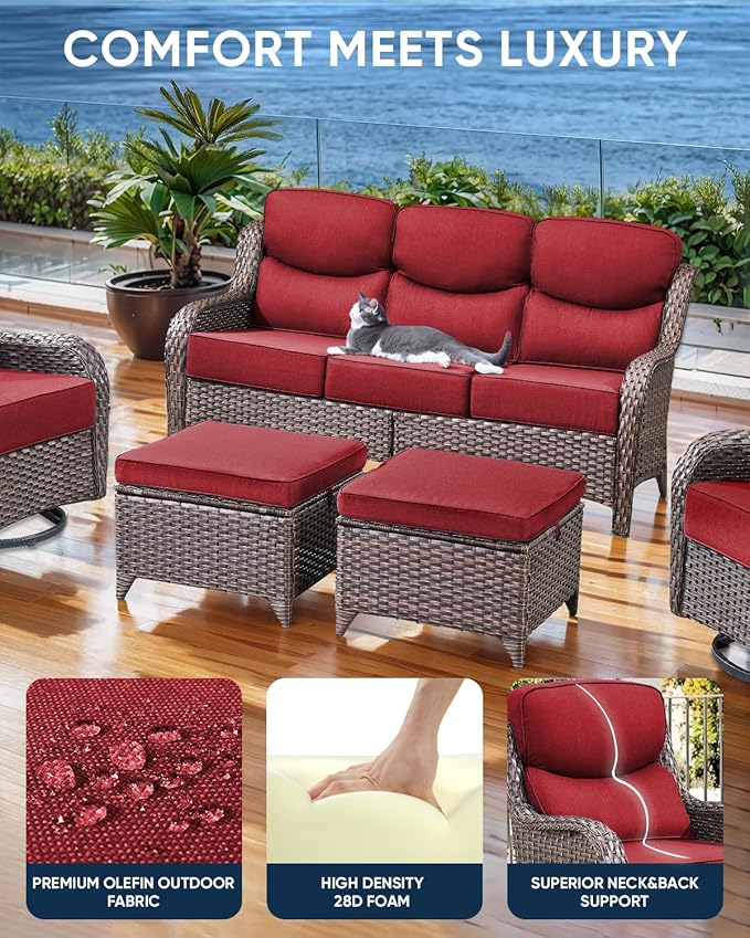 Luxury 22x24/22x25 6-Inch Smile Outdoor Cushions for Patio 5 Piece Set - Set of 5 Zippered Outside Pillows for Wicker Metal Dining Rocking Swivel Chairs Loveseat Couch Sectional Sofa - Red