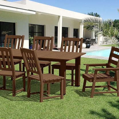 LOUNZY 9 Pieces Patio Dining Sets, Outdoor HDPE Furniture Set for 8 w/ 2" Hole Cut-Out Dining Table with 8 Patio Chairs(2 W/Armrest, 6 w/o Armrest), Brown