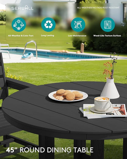 SERWALL 5-Piece Outdoor Round Dining Sets, HDPE Patio Table and Chairs Furniture Set, 45" Round Dining Table and 4 Dining Chairs, Black