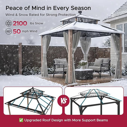SUNJOY Kingston 10' x 10' Hardtop Gazebo with Galvanized Steel/Polycarbonate Double Roof, Curtain and Netting, Woodgrain Finish Aluminum Posts Permanent Pavilion Gazebo for Garden, Patio, Deck, Lawn