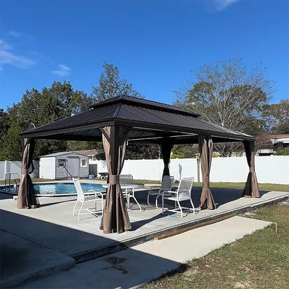 Domi 14' X 22' Hardtop Gazebo Outdoor Metal Gazebo Canopy with Galvanized Steel Double Roof, Aluminum Frame, Curtains and Netting for Patio, Deck, Garden, Brown
