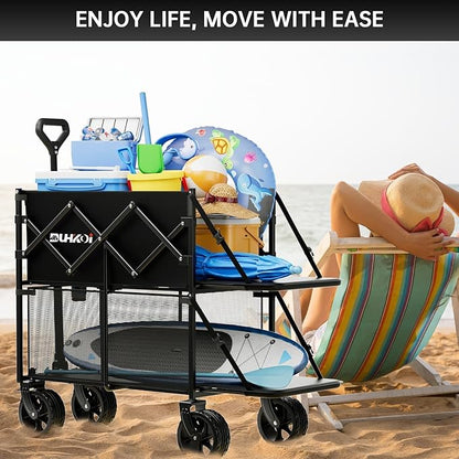 Double Decker Wagon 320L Large Capacity 400LBS Collapsible Sports Utility Cart with Big Wheels,Double Extended Tailgate Heavy Duty Folding Wagon Cart for Groceries,Camping,Outdoor