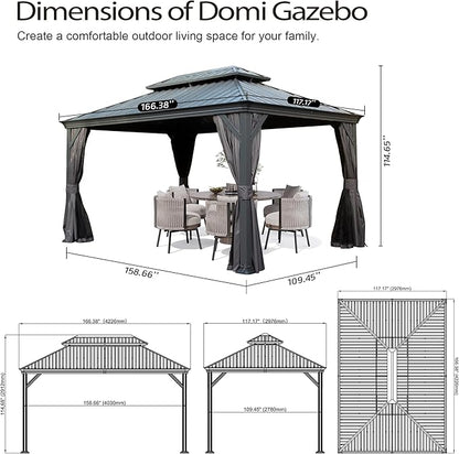 Domi 10x14FT Outdoor Gazebo, Hardtop Gazebo with Galvanized Steel Double Roof, Metal Gazebos with Drainage System Patio Pergola for Patio Deck Backyard,Curtain and Netting,Gray