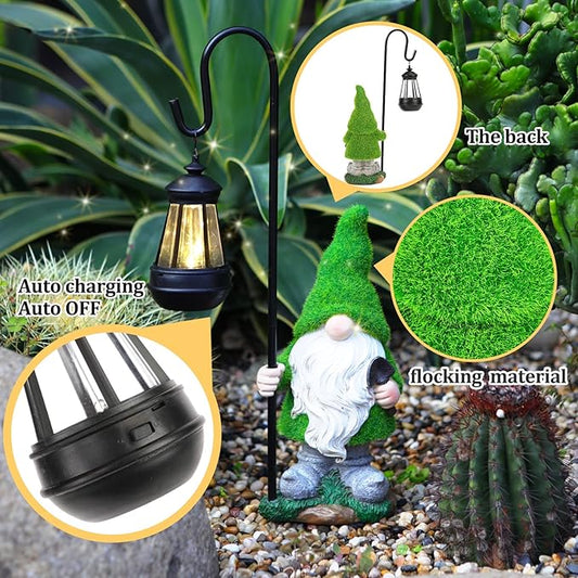 Flocked Solar Garden Gnomes Outdoor Statues 15.8”Outdoor Garden Decor LED Outdoor Decor Light Unique Housewarming Gifts Yard Art Sculptures for Patio Lawn Ornaments