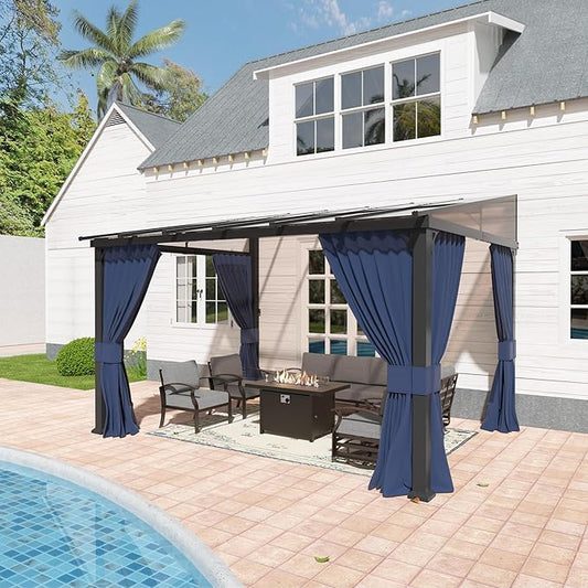 10’ x 12’ Gazebo for Patio,Wall Mounted Gazebo with Sloping Polycarbonate Roof,Aluminum Frame Outdoor pelgole w/Netting & Curtain for Garden,Deck,Backyard,NavyBlue