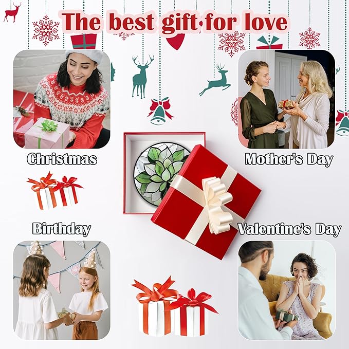 Stained Glass Window Hanging - Green Succulent Plants Suncatcher for Doors Garden Patio Floral Sun Catchers Decor Christmas Mother's Day Birthday Gifts for Women Men Mom Nana Friend 11.8 in