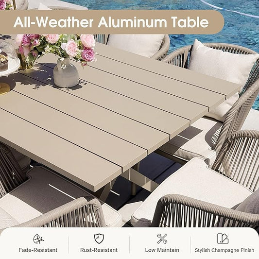 PURPLE LEAF 14 Pieces Patio Dining Set Wicker Outdoor Furniture Oversize Rectangular Table and Chairs Set for Garden Deck Aluminum Frame Backyard Kitchen Set, Cushions and Pillows Included Champagne