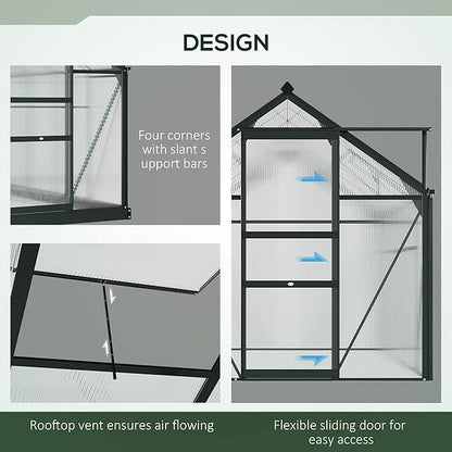Outsunny 6' x 6' Greenhouse for Outdoors, Polycarbonate Greenhouse with Rain Gutter and Roof Vent, Aluminum Walk-in Green Houses for Outside for Patio Backyard Garden, Gray