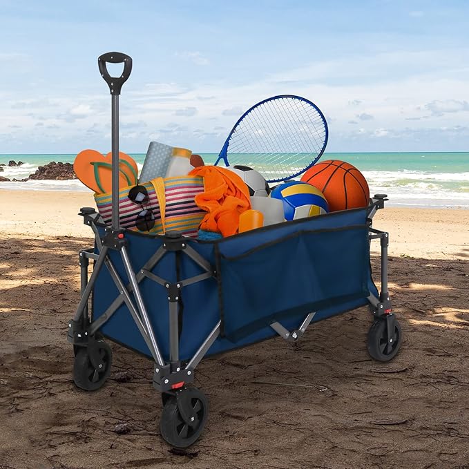 EAGLE PEAK Heavy-Duty Collapsible Folding Utility Wagon, All Terrain Garden Hand Cart with Large Size Pocket and Cup Holders for Sports, Beach, Camping, Garden, and Grocery, Dark Blue