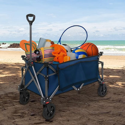 EAGLE PEAK Heavy-Duty Collapsible Folding Utility Wagon, All Terrain Garden Hand Cart with Large Size Pocket and Cup Holders for Sports, Beach, Camping, Garden, and Grocery, Dark Blue