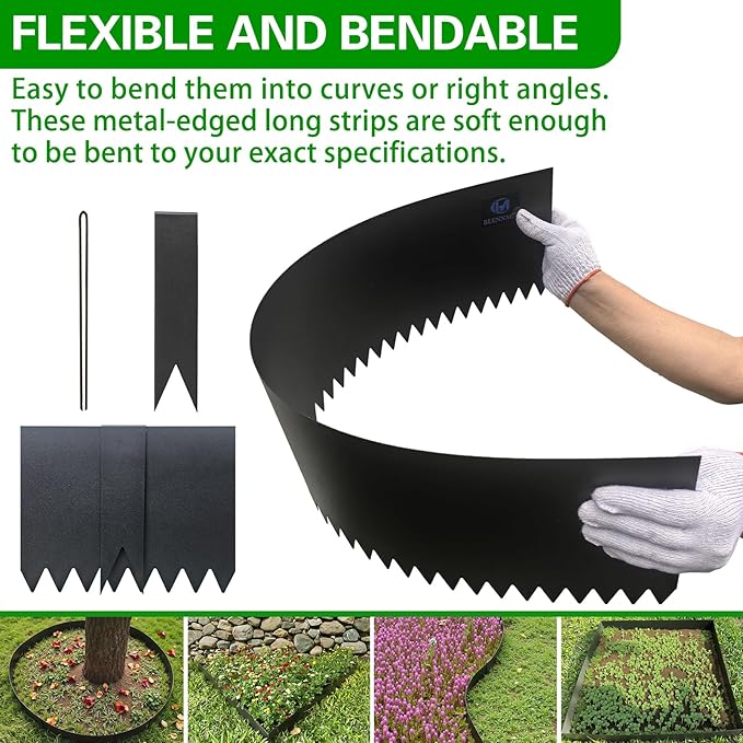 Metal Landscape Edging 6 Pack 40" L x 10" H,Galvanized Bendable Metal Garden Edging,Hammer- in Steel Landscape Edging with a Pair of Gloves and 7 Clips,Black (20 FT Total)