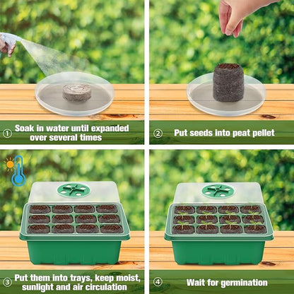 Halatool 4 Pack Seed Starter Tray with 50 PCS Peat Pellets, 48 Cells Green Seeding Starter Trays for Organic Seed Stater Soil Pods for Planting Vegetables Plants Flowers - Starting Seeds Kit