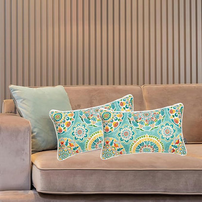FUNHOME Set of 2 Outdoor Pillows for Patio Furniture, 12”x20” Water-Repellent Fade Resistant Outdoor Lumbar Pillow with Insert, Decorative Garden Pillows for Home Patio Coach Sofa Use-Cyan Circle
