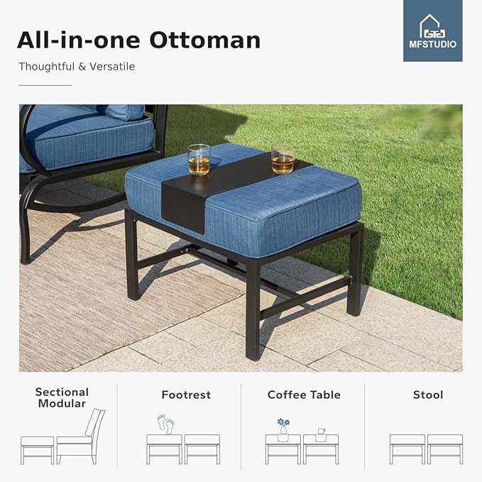 MFSTUDIO 6 Pieces Metal Patio Furniture Sets, 2 Swivel Chair, 1 Deep Seating 3-Seat Sofa, 2 Ottoman & 1 Marbling Coffee Table, All Weather 7 Seats Outdoor Conversation Set for Garden, Peacock Blue