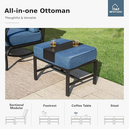 MFSTUDIO 5 Pieces Patio Conversation Sets,Outdoor Metal Furniture Sofas with 1 x 3-Seat Sofa, 2 x Rocking Chairs,2 x Ottoman,Wrought Iron Frame with Peacock Blue Cushion for Patio Courtyard Balcony