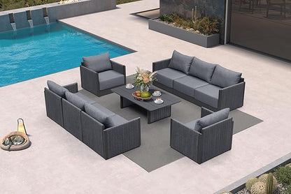 PURPLE LEAF Patio Furniture Set 9 Pieces Outdoor Conversation Sets PP Rope Patio Sofa with Cushions and Table Manual Weaving Deep Seating Furniture for Porch Lawn Backyard Gray