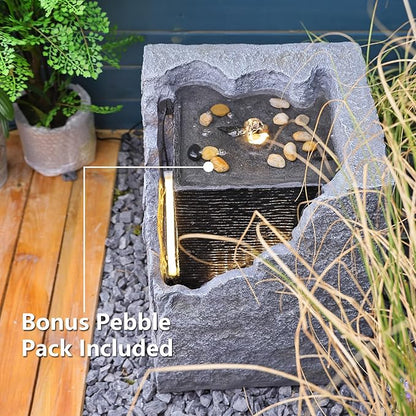 Garden Water Fountain Outdoor Bubbling Fountain Small Fountains Indoor Waterfall Floor Standing Water Fountains for Garden, Patio with LED Lights, Pump, Natural Stones