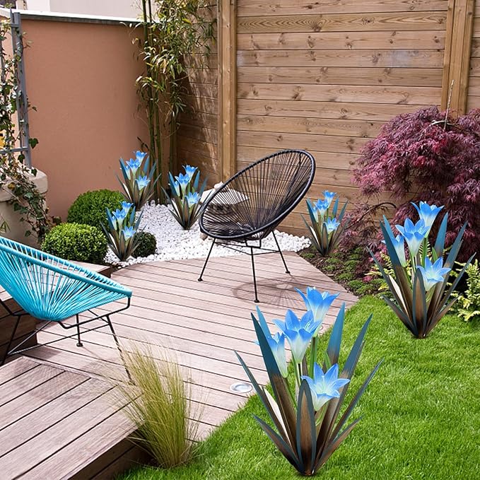 Homight Metal Agave Plant Outdoor Decoration Lily Mexican Yard Art Garden Gift Home Decor Hand Painted Metal Agave Garden Yard Statue, Outdoor Lawn Ornaments(3 Big Blue Lilies)