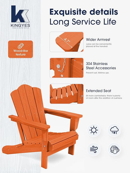 KINGYES Folding Adirondack Chair, HDPE All-Weather Patio Chairs, Wooden Textured Lawn Chair for Poolside, Backyard, Deck, Fire Pit, Orange