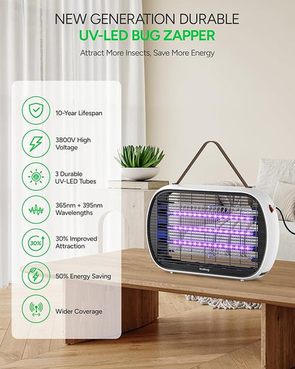 Buzbug Upgraded LED Bug Zapper Indoor, 10 Years Lifespan 3 Lamps Sustainable Less Power, 3800V Powerful Electric Mosquito Zapper, Durable Fly Trap Mosquito Trap, Fly Killer Fly Zapper -MA015PLUS