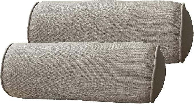Indoor/Outdoor Bolster Pillows, 16x6 inches Solid Round Lumbar Cylinder Throw Pillows for Outdoor Furnitures, Set of 2, Beige