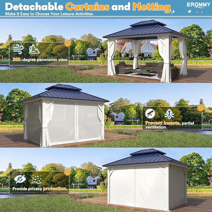 EROMMY 10'x12' Gazebo Hardtop, Galvanized Steel Double Roof Metal Gazebo with Aluminum Frame, Permanent Outdoor Pavilion with Curtain and Netting for Patio Lawn and Garden, Blue