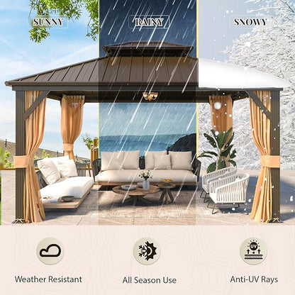YOLENY 12' x 14' Gazebo, Hardtop Gazebo with Aluminum Frame, Double Galvanized Steel Roof, Curtains and Netting Included, Metal Gazebos Pergolas for Patios, Garden, Parties, Lawns