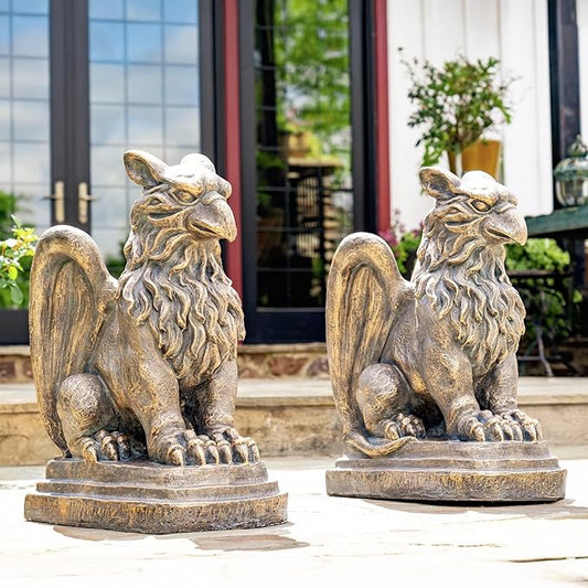 Zaer Ltd. Set of 2 Garden Griffin Statues, Magnesium-Cement Sculptures, 28.3" H Outdoor Entrance Decor (Aged Bronze)
