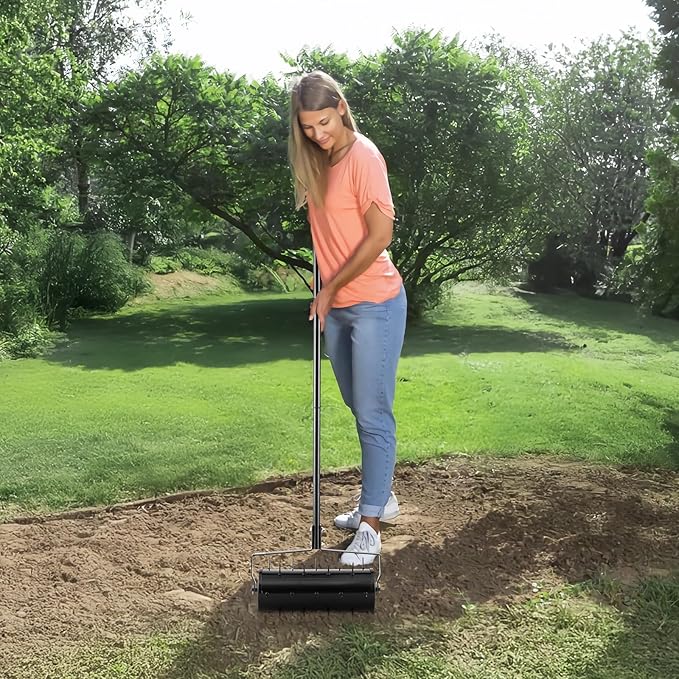 VEVOR Rolling Lawn Aerator, 18-inch Heavy-Duty Manual Rolling Aerator Lawn with Detachable Handle and 27 Iron Spikes, Rolling Lawn Aeration Tool for Garden Patio Yard Compacted Soils and Lawns, Black