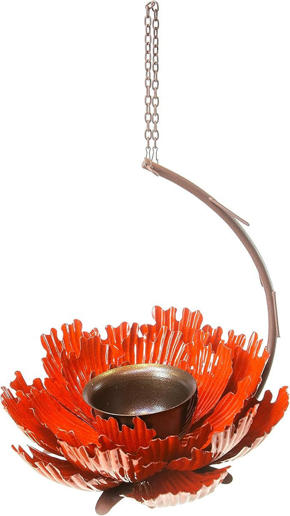 Desert Steel Coral Sunset Peony Hanging Feeder - (Orange - 9”W x 11.5”H) - Loose Seed Metal Birdfeeder