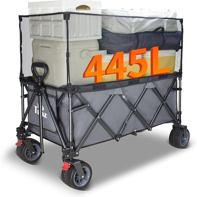 TMZ Collapsible Wagon 445L Extra Large Outdoor Utility Cart, Heavy Duty Carts Foldable with All-Terrain Big Wheels, Canopy and Brakes, Utility Beach Wagon for Outdoor Garden (Gray)