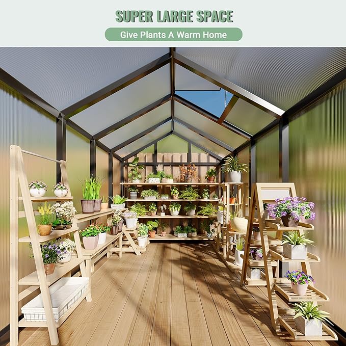 6x8 FT Greenhouse, Easy Assembly Aluminum Polycarbonate Greenhouses for Outdoors with Roof Vent and Ground Nails, Heavy Duty Aluminum Walk-in Greenhouse for Backyard, Sliding Lockable Door, Black