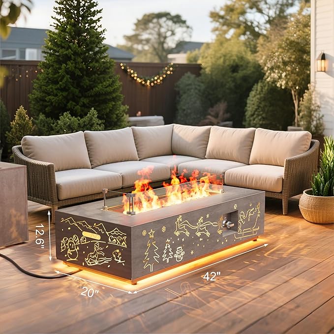 42" Outdoor Fire Pit Table, 50,000 BTU Gas Fire Pit with Glass Wind Guard, Fire Stones, Waterproof Cover, Propane Fire Pit Table for Outside Patio Hollow-Out (Elk, Brown)