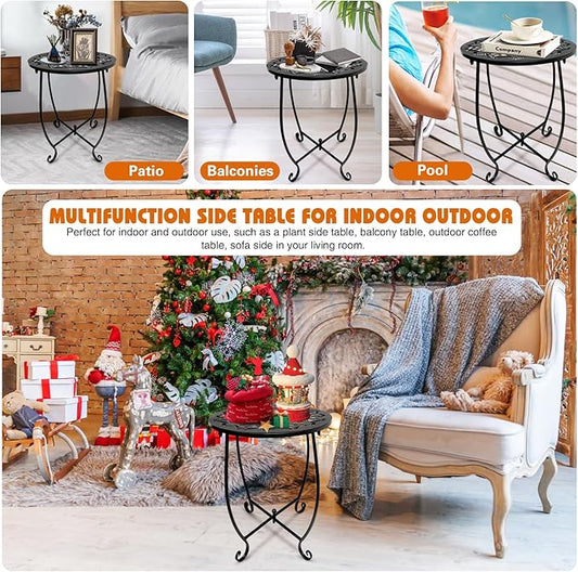 2 Pack Outdoor Side Tables for Patio,14 Inch Weather Resistant Metal Plant Stand Side Table, Round Outdoor End Table Accent Side Table for Patio Yard Porch Balcony Garden Bedside Indoor Outdoor