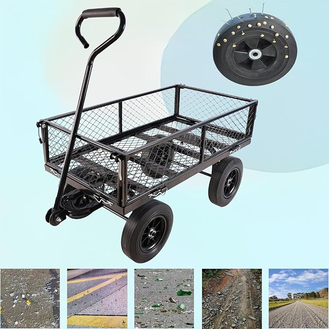Heavy-Duty Solid Tire Garden Dump Cart - 4.86 cu. ft. Yard Wagon Cart with 600 LBS Capacity & Spacious Mesh Bed (37" x 19.5") - No-Flat Tires, Utility Wagon