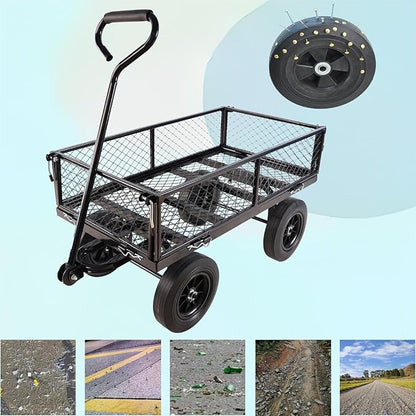 Heavy-Duty Solid Tire Garden Dump Cart - 4.86 cu. ft. Yard Wagon Cart with 600 LBS Capacity & Spacious Mesh Bed (37" x 19.5") - No-Flat Tires, Utility Wagon