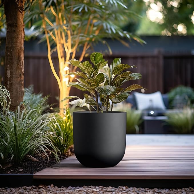 Kante 16.5" Round Concrete Planter, Large Cylinder Plant Pot with Curved Bottom and Drainage Hole, for Indoor and Outdoor Use – Garden or Patio, Black Finish with Warm Brown Interior
