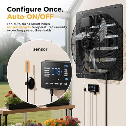 24 Inch EC Motor Shutter Exhaust Fan, 6 Inch Large Touchscreen Controller for Temp Humidity and Speed Control, 10-Speed Wall Mount Fan for Attic, Greenhouse, Garage, Chicken Coop Ventilation
