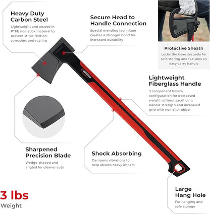 INTERTOOL 24” Mid-Size Scout Axe, Long Camp Hatchet, Splitting, Chopping, Felling, Kindling, Survival, Shock Absorbing MAX Grip Handle, Sheath, Storm HT08-0293