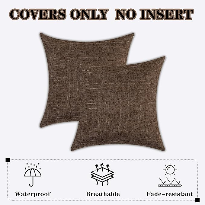 Kevin Textile Pack of 2 Outdoor Waterproof Pillow Covers Checkered Decorative Cushions Sham Throw Pillowcases Shell for Patio Tent Garden Couch Bed Sofa 22x22 Inch Brown