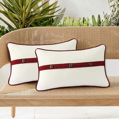 Outdoor Sunbrella Decorative Pillows with Triple Coconut Buttons Pack of 4, 20" x 12" Outdoor Pillow Set for Couch Bed Throw Patio Sofa, Spectrum Eggshell/Spectrum Ruby